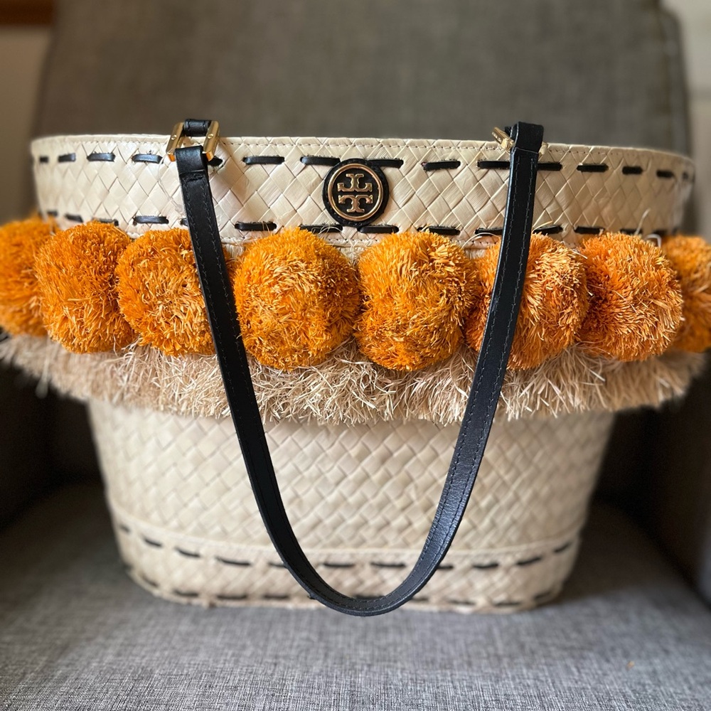 Tory Burch Cream Straw Tote with Orange Accents